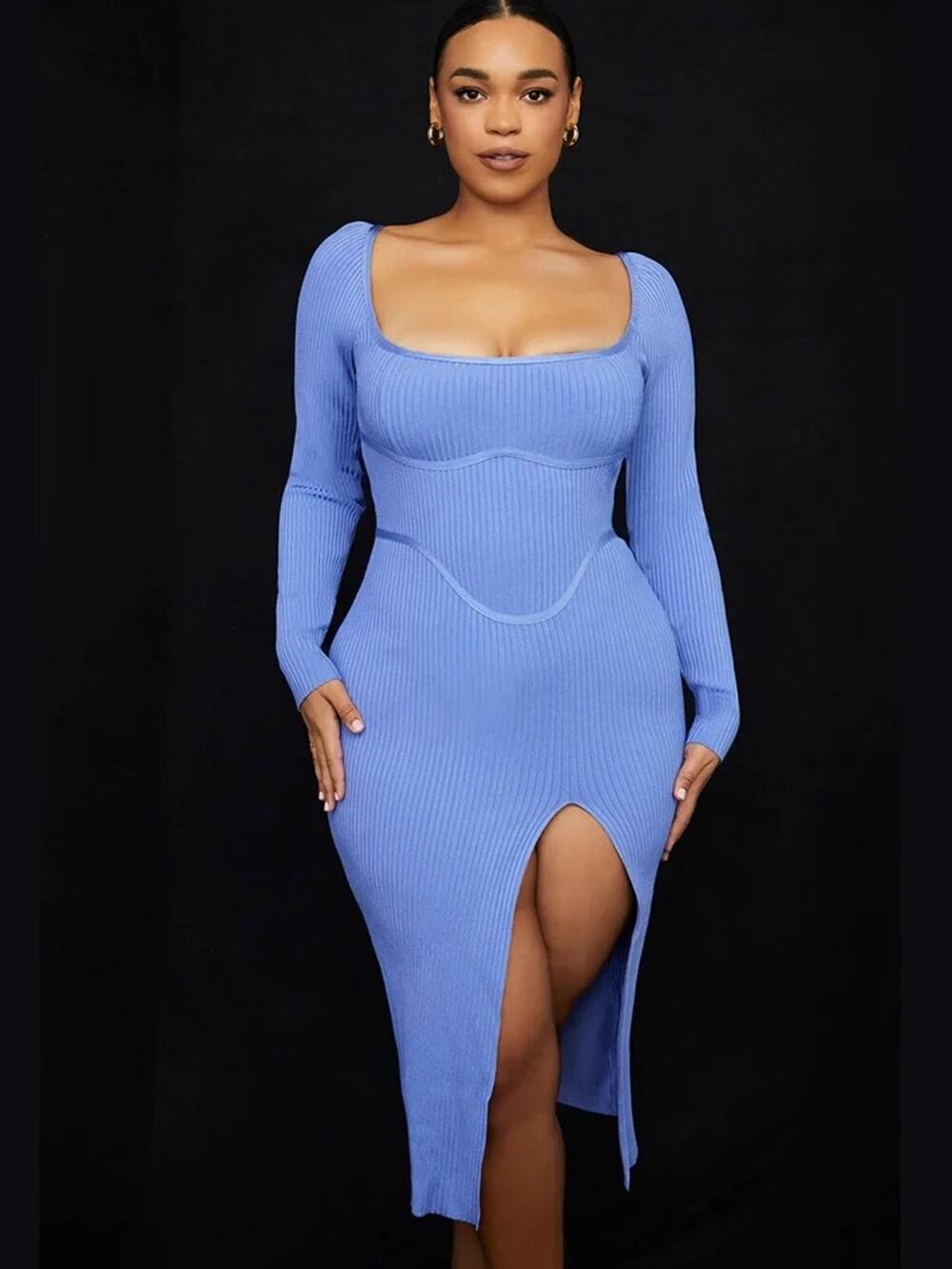 House Of CB Misty Cornflower Blue Bandage Long Sleeve Knit Slit Dress Size Small